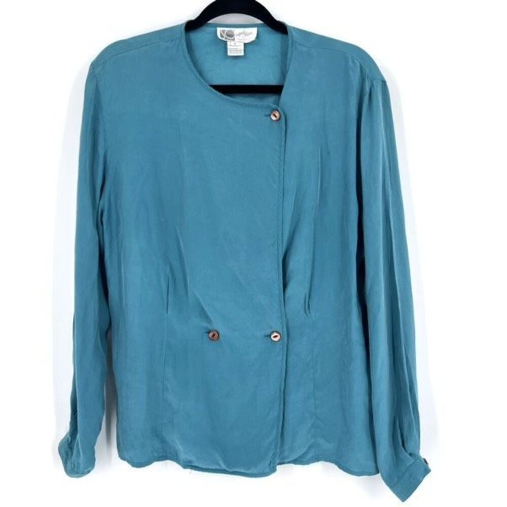 Vintage Sigrid Olsen Secrets Women's Button Down LS Silk Top Blue Size 8